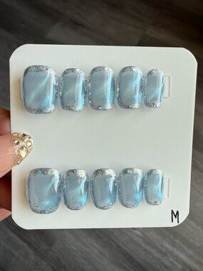 Iridescent Blue Press-On Nail Set with Silver Glitter Trim